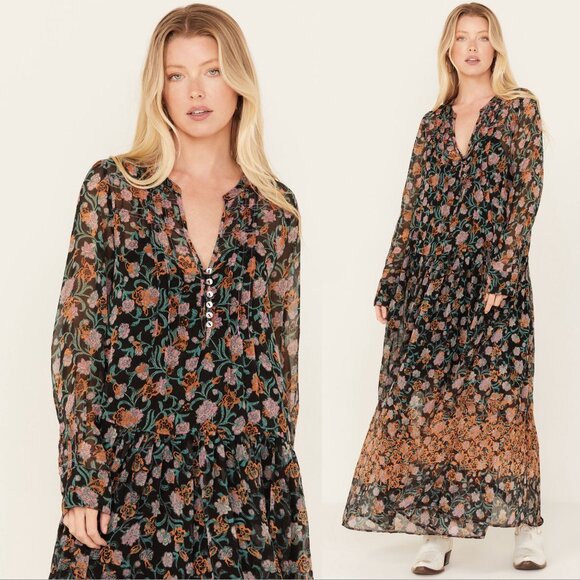 FREE PEOPLE See It Through Long Sleeve Maxi DRESS S M L Floral Black Combo NEW - Picture 7 of 14